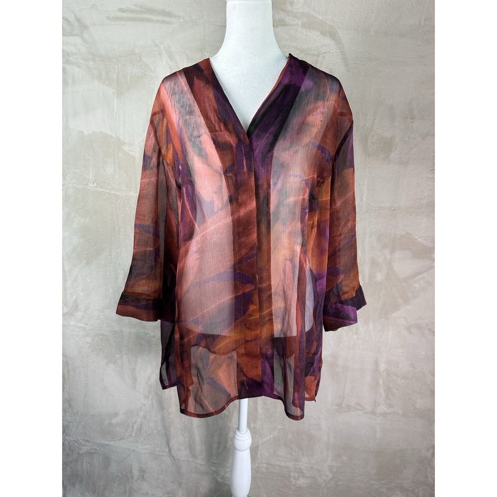 Maggie Barnes for Catherines Blouse 3XWP Petite Sheer Abstract 3/4 Sleeve